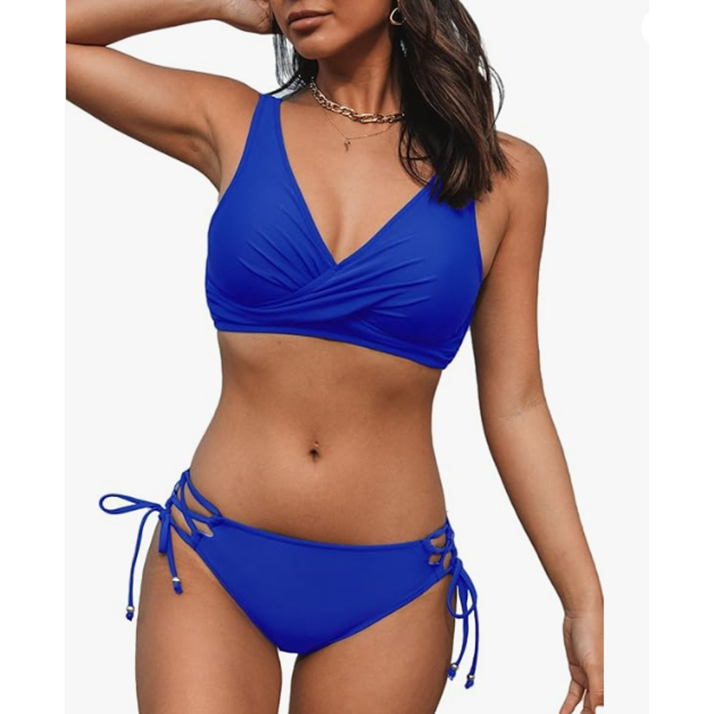 Cupshe Women's Bikini Swimsuit Front Cross Lace Up 2pc Bathing Suit Blue Med NEW